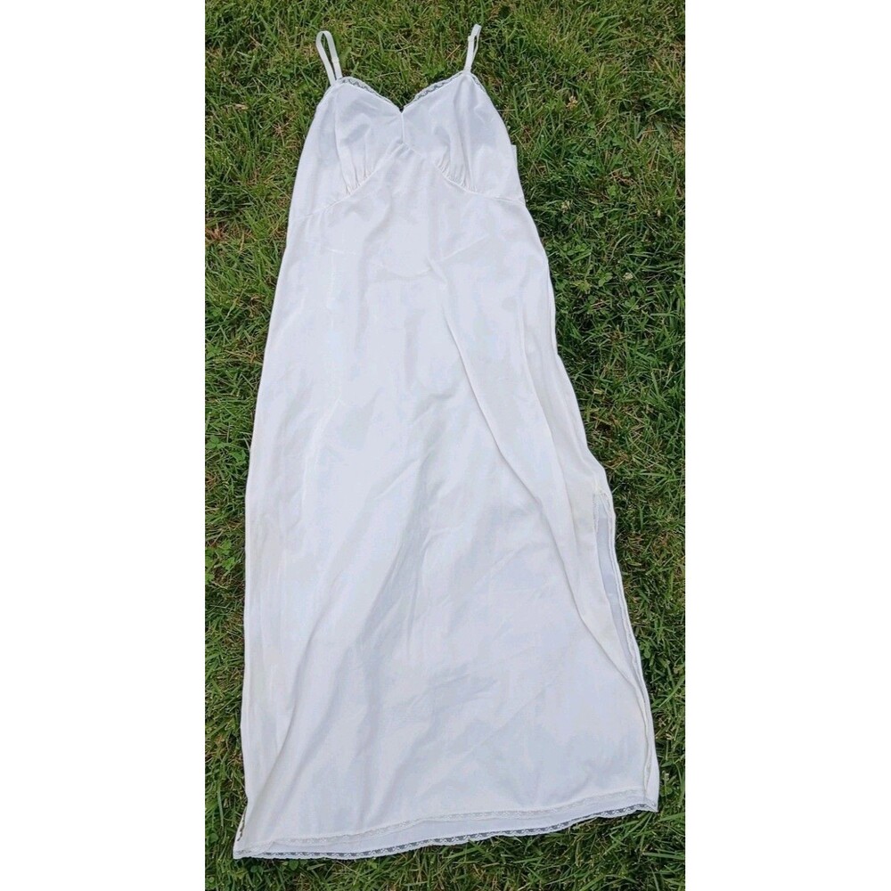 Vintage Y2K White Nylon Slip Dress Lace Trim Midi Maxi Cottagecore Lingeriecore